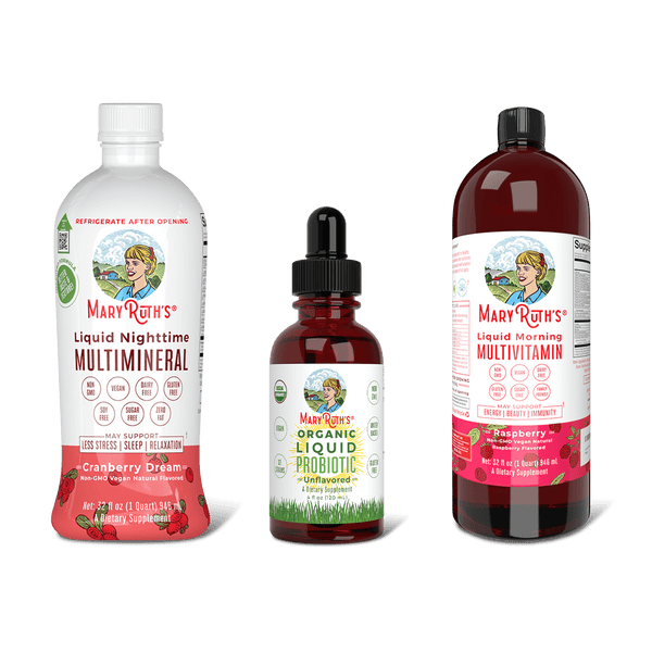MaryRuth Triad Of Health  Liquid Nighttime Multimineral Cranberry Dream flavor, Organic Liquid Probiotic & Liquid Morning Multivitamin Raspberry Flavor Product Image, no background