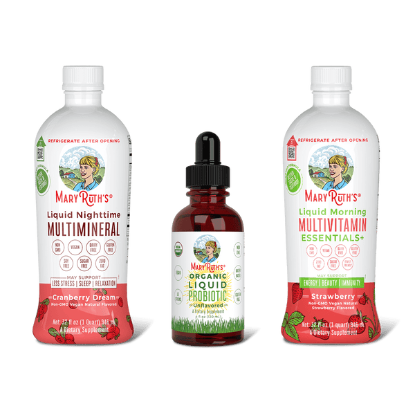 MaryRuth Triad Of Health  Liquid Nighttime Multimineral Cranberry Dream flavor, Organic Liquid Probiotic & Liquid Morning Multivitamin Essentials Strawberry Flavor Product Image, no background