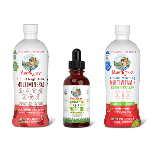 MaryRuth Triad Of Health  Liquid Nighttime Multimineral Cranberry Dream flavor, Organic Liquid Probiotic & Liquid Morning Multivitamin Essentials Fruit Punch Flavor Product Image, no background