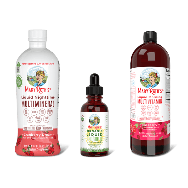 MaryRuth Triad Of Health  Liquid Nighttime Multimineral Cranberry Dream flavor, Organic Liquid Probiotic & Liquid Morning Multivitamin Raspberry Flavor Product Image, no background